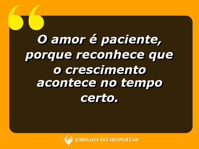 Expressões sobre o amor e a paciência: O amor é paciente, porque reconhece que o crescimento acontece no tempo certo.